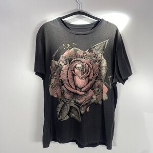All Saints Black Tee with Skull Rose Design